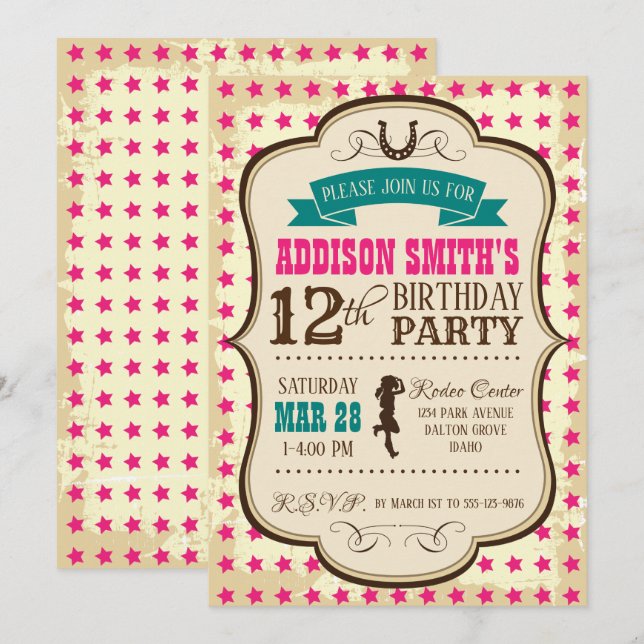 Invitation pour l'anniversaire de la Cowgirl Weste (Devant / Derrière)
