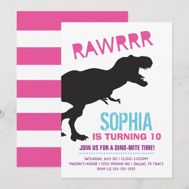Invitation pour l'anniversaire de la fille au dino (Devant / Derrière)