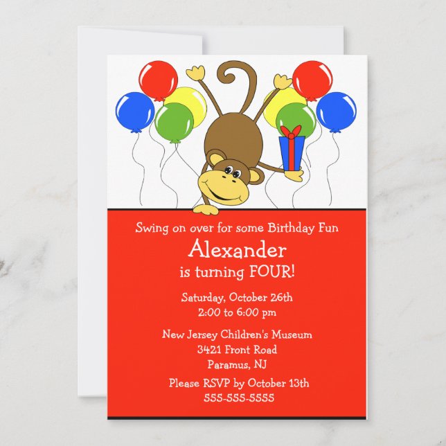 Invitation pour l'anniversaire du singe amusant (Devant)