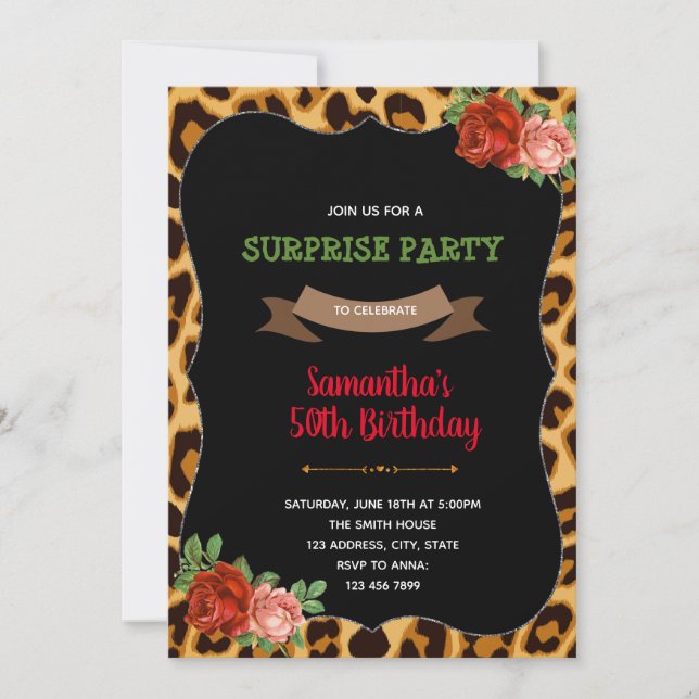 Invitation pour l'anniversaire d'un rose léopard (Devant)