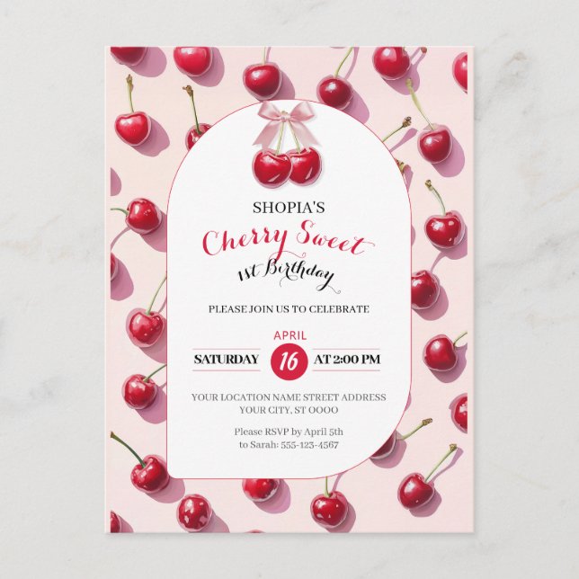 Invitation pour le 1er anniversaire Cherry Sweet (Devant)