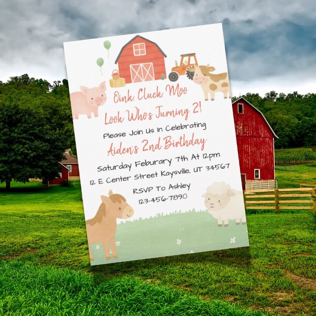 Invitation pour le 2ème anniversaire de Mignon Ani (Farm-themed second birthday invitation design with barn, animals, and playful farm elements.)