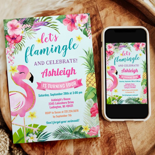 Invitation pour le 4e anniversaire d'été tropical (Tropical Summer Flamingo 4th Birthday Invitation)