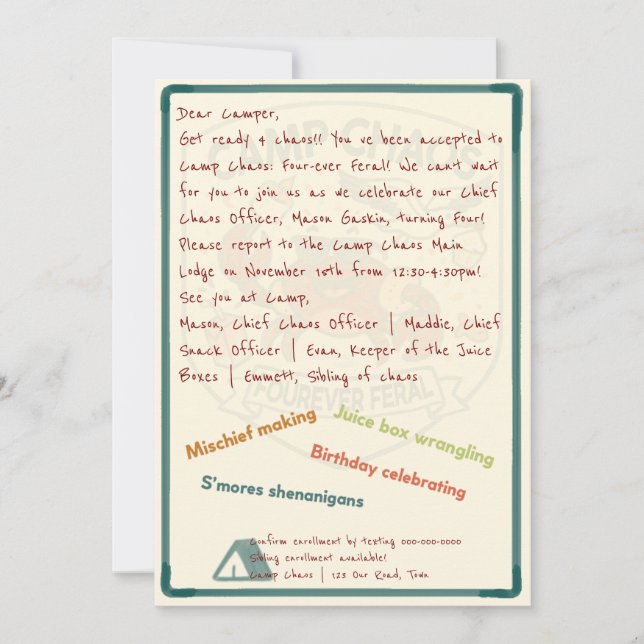 Invitation pour le 4ème anniversaire de Camp Chaos (Devant)