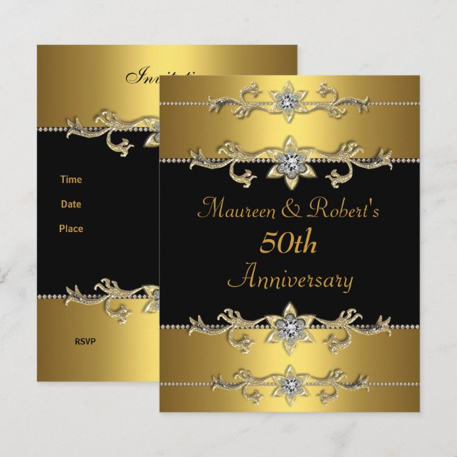 Invitation pour le 50e anniversaire Élégant Noir O (Devant / Derrière)