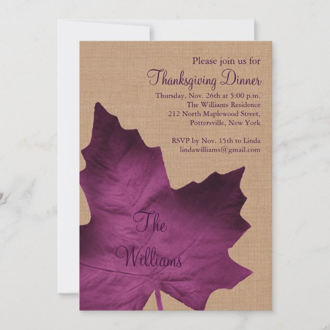 Invitation pour le dîner de Thanksgiving de Burlap (Devant)