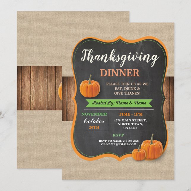 Invitation pour le dîner de Thanksgiving sur bois  (Devant / Derrière)