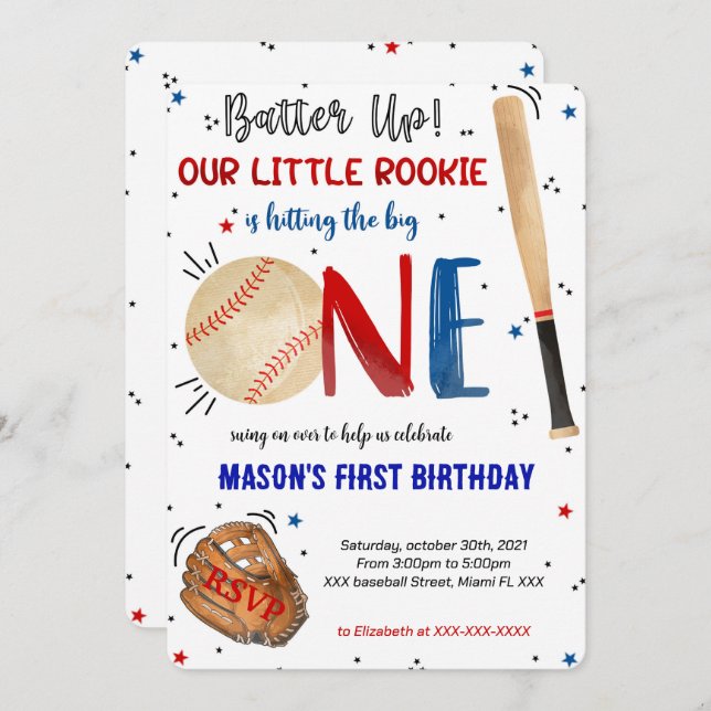 Invitation pour le premier anniversaire de basebal (Devant / Derrière)