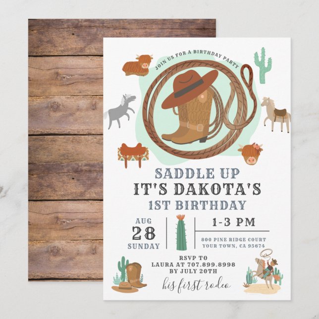 Invitation pour le premier anniversaire de Cowboy (Devant / Derrière)