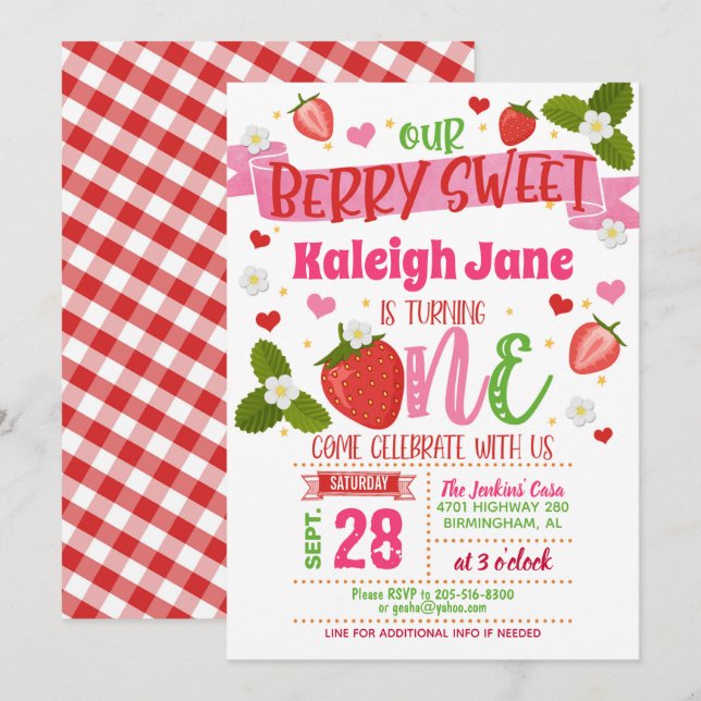 Invitation pour le premier anniversaire de fraise  (Devant / Derrière)