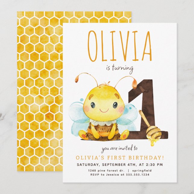 Invitation pour le premier anniversaire de l'abeil (Devant / Derrière)