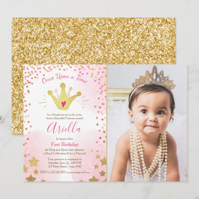 Invitation pour le premier anniversaire Princesse  (Devant / Derrière)