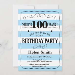Invitation pour les 100 ans avec des rayures bleue