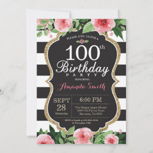 Invitation pour les 100 ans. Floral Or Noir pour f