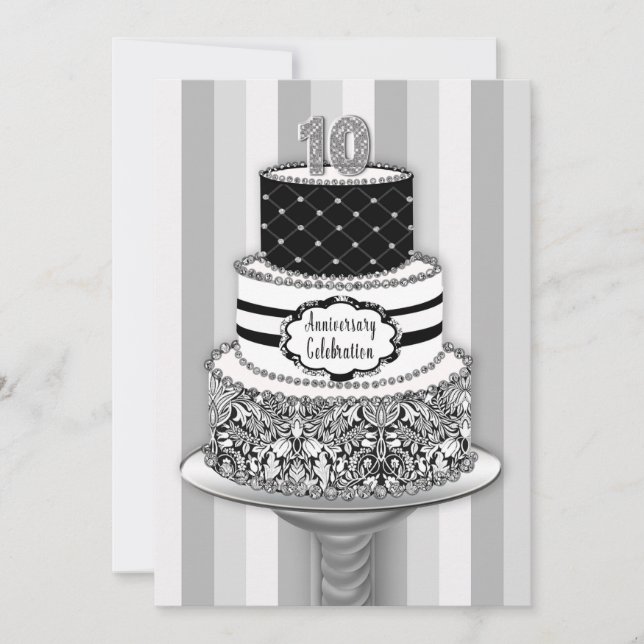 Invitation pour les 10 ans de mariage, gâteau à 3  (Devant)