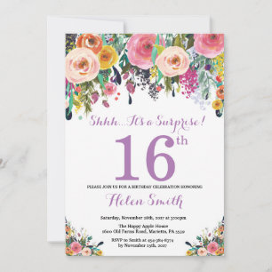 Invitation pour les 16 ans Fleurie Surprise Violet