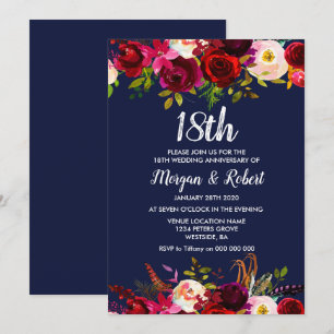 Invitation pour les 18 ans de mariage à fleurs ble