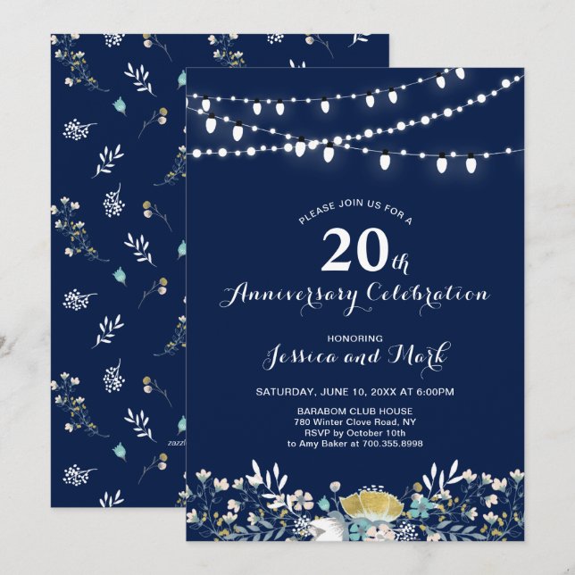 Invitation pour les 20 ans de mariage Navy & Or (Devant / Derrière)
