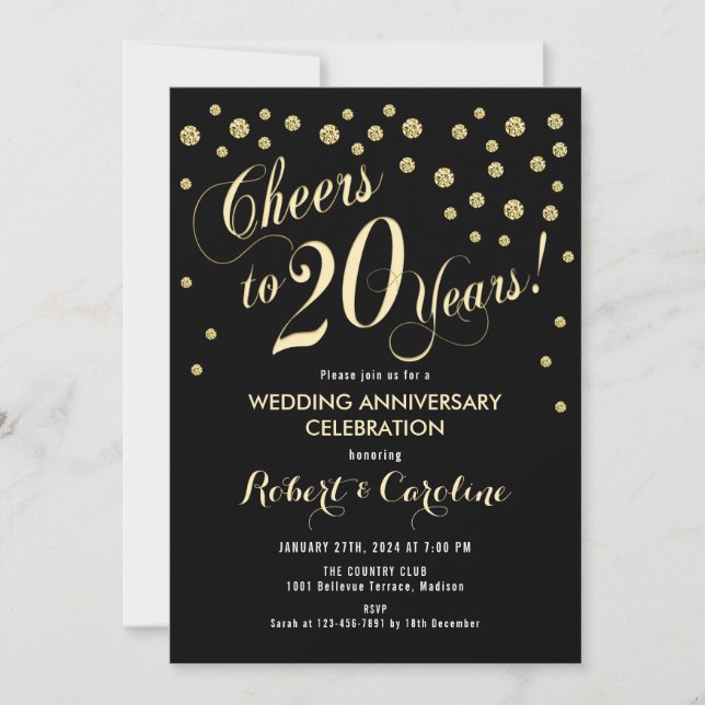 Invitation pour les 20 ans de mariage - Noir et or (Devant)