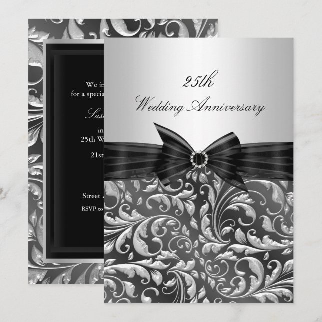 Invitation pour les 25 ans de mariage Fleur argent (Devant / Derrière)