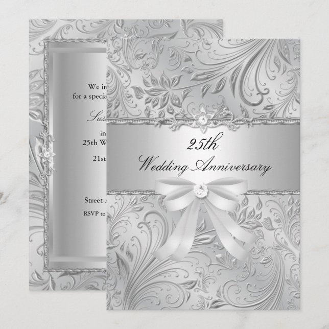 Invitation pour les 25 ans de mariage Floral & Bow (Devant / Derrière)