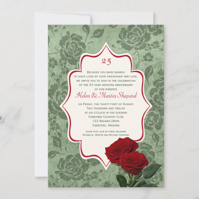 Invitation pour les 25 ans de mariage - Roses roug (Devant)