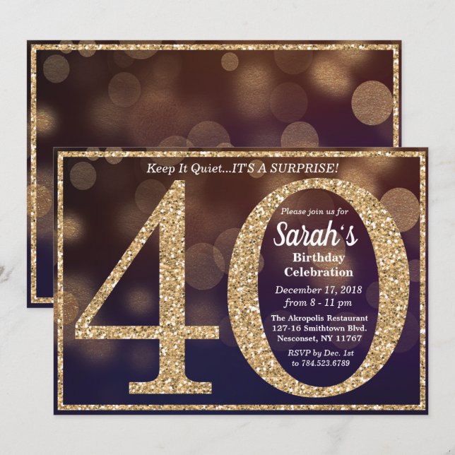Invitation pour les 40 ans avec paillettes pour un (Devant / Derrière)