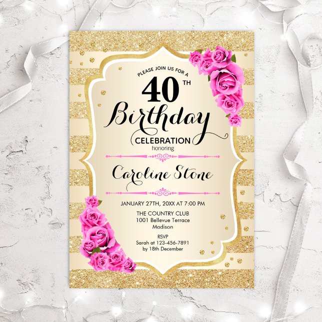 Invitation pour les 40 ans - Bandes dorées Roses r (Créateur téléchargé)