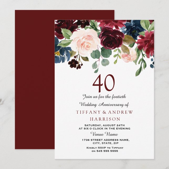 Invitation pour les 40 ans de mariage au vin rouge (Devant / Derrière)