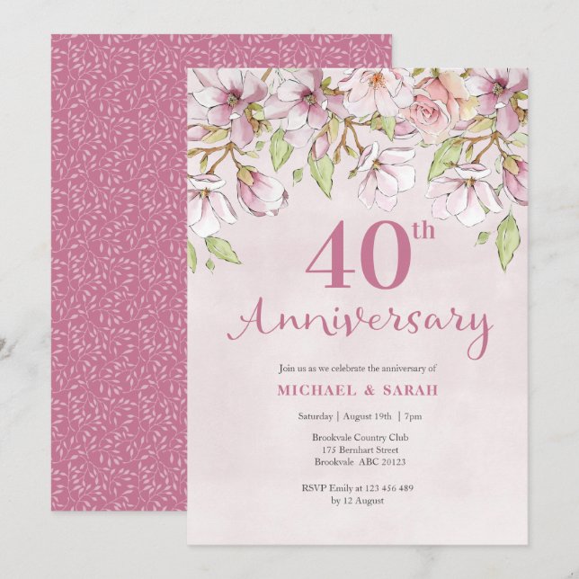Invitation pour les 40 ans de mariage Fleurs roses (Devant / Derrière)