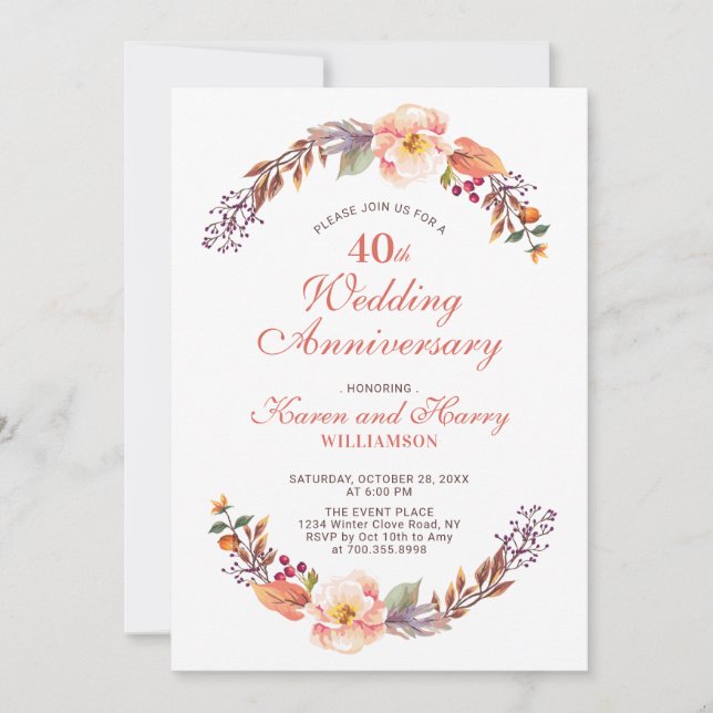 Invitation pour les 40 ans de mariage thème floral (Devant)