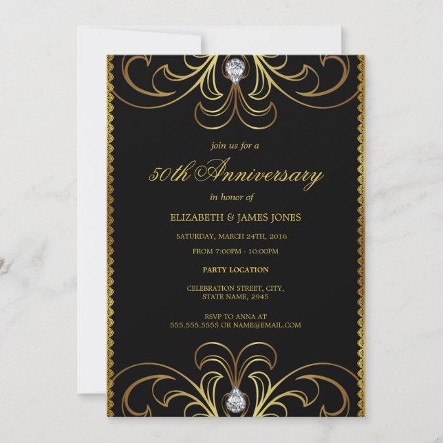 Invitation pour les 50 ans de mariage Black & Gold (Devant)