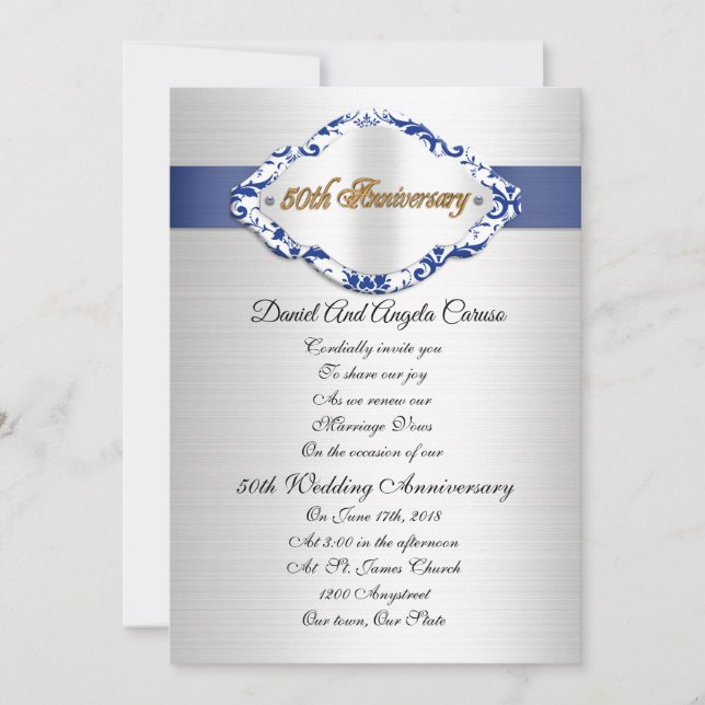 Invitation pour les 50 ans de mariage bleu et blan (Devant)
