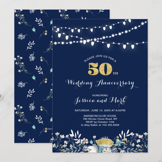 Invitation pour les 50 ans de mariage Navy & Or (Devant / Derrière)