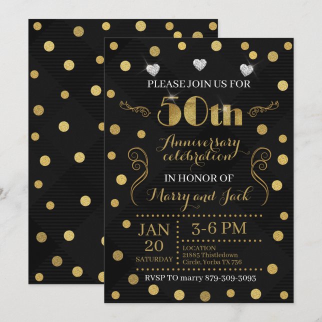 Invitation pour les 50 ans de mariage - Noir & Or (Devant / Derrière)