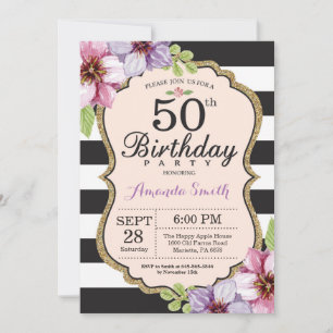 Invitation pour les 50 ans. Floral Or Noir
