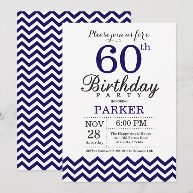 Invitation pour les 60 ans avec Chevron Bleu Marin (Devant / Derrière)