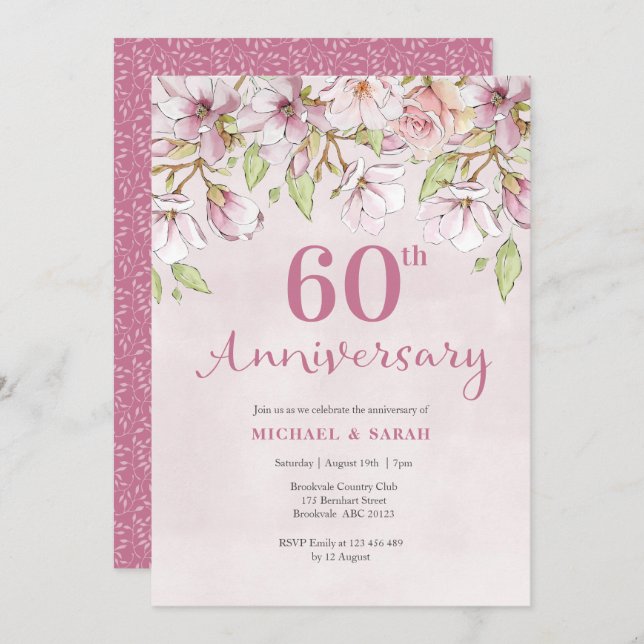 Invitation pour les 60 ans de mariage à fleurs ros (Devant / Derrière)