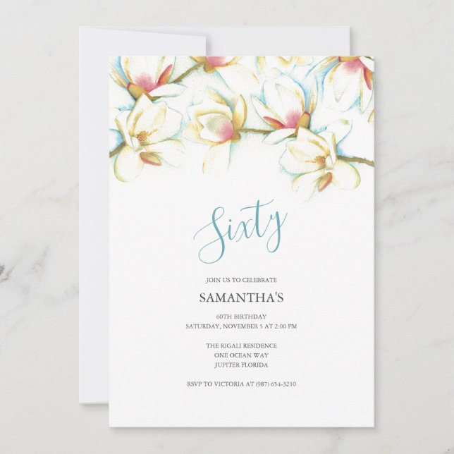 Invitation pour les 60 ans Fleurs de Magnolia Blan (Devant)
