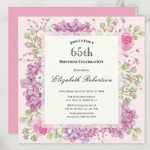 Invitation pour les 65 ans avec des fleurs roses é