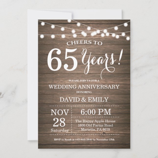 Invitation pour les 65 ans de mariage en bois rust (Devant)