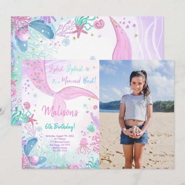 Invitation pour les 6 ans d'une sirène avec photo (Devant / Derrière)