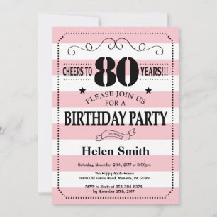 Invitation pour les 80 ans avec rayures roses et b