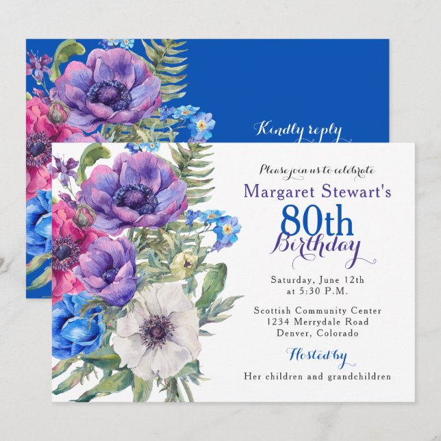 Invitation pour les 80 ans avec une Anémone Coloré (Devant / Derrière)
