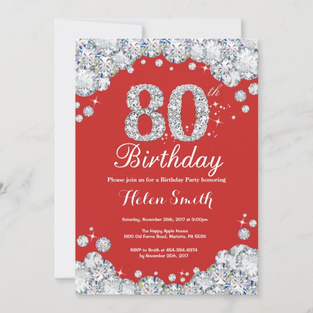 Invitation pour les 80 ans Rouge et Diamant Argent (Devant)
