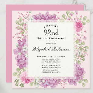 Invitation pour les 92 ans Élégantes Fleurs Roses