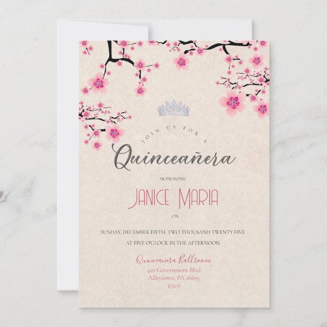 Invitation pour Quinceañera Fleur de Cerisier (Devant)