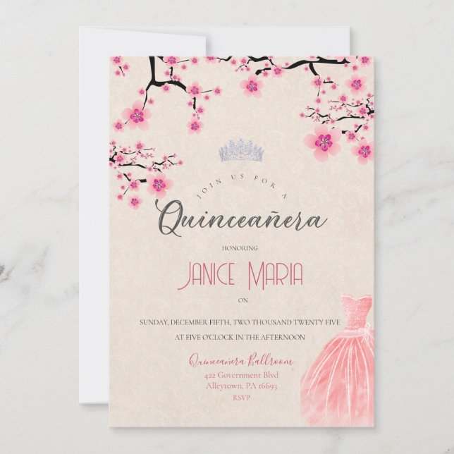 Invitation pour Quinceañera sous les fleurs de cer (Devant)