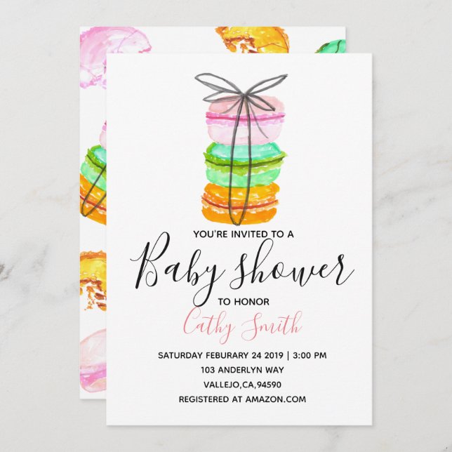 Invitation pour une baby shower avec un joli macar (Devant / Derrière)