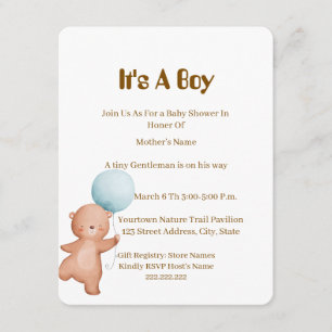 Invitation pour une Baby Shower Ourson Garçon,